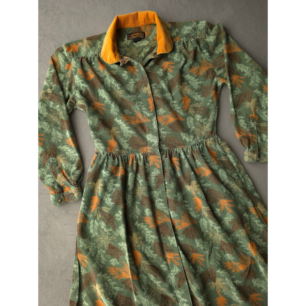 Vintage 90s Eddie Bauer Green Leaf Print Corduroy Midi Dress S/M Long Sleeve